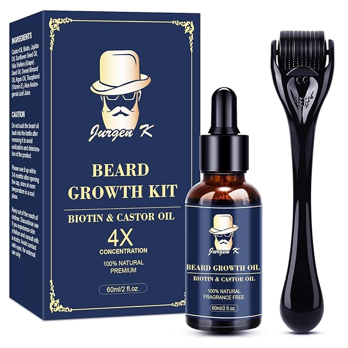 Jurgen K Beard Growth Kit, Upgraded Beard Growth Oil (2Oz) w/Biotin & Castor Oil, Beard Massager for Patchy/Spot Beard, Beard Kit for Men's Daily Grooming, Birthday Gifts for Him Boyfriend Husband