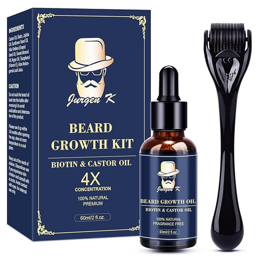 Jurgen K Beard Growth Kit, Upgraded Beard Growth Oil (2Oz) w/Biotin & Castor Oil, Beard Massager for Patchy/Spot Beard, Beard Kit for Men's Daily Grooming, Birthday Gifts for Him Boyfriend Husband
