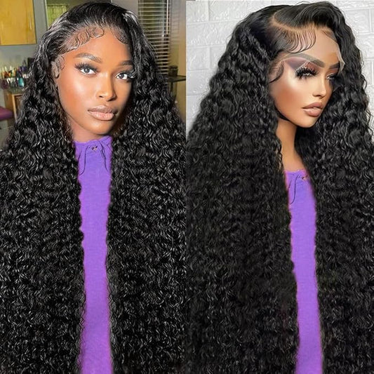 Deep Wave Lace Frontal Wigs Human Hair Pre Plucked Wet and Wavy 13X6 Lace Front Wigs Human Hair Glueless Brazilian Natural Black Deep Curly Wigs for Black Women 210% Density 18Inch