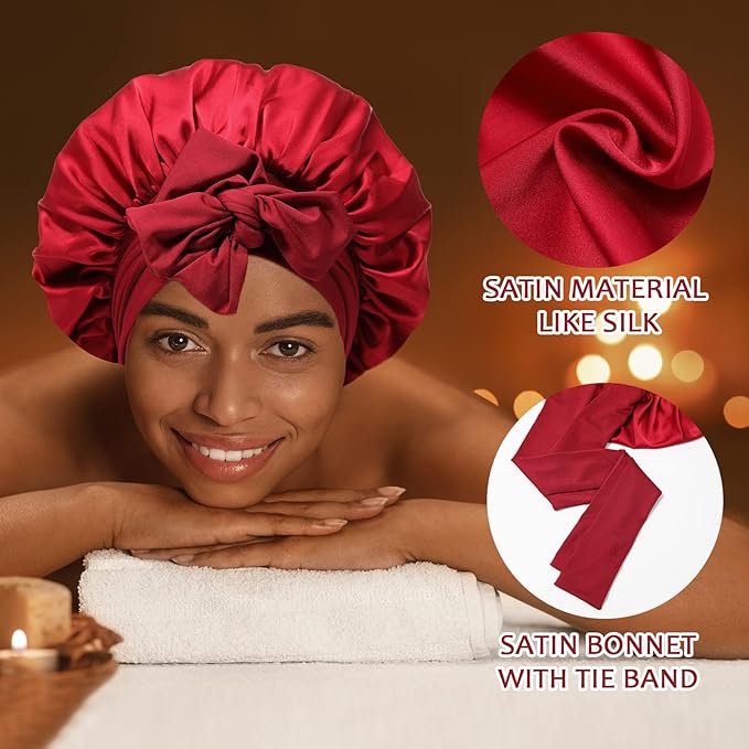 Satin Hair Bonnet Wide Band - Silk Like Sleeping Bonnets for Curly Hair Hair Wrap for Night Cap with Tie Band Breathable Satin Bonnet for Women and Girls (Red)