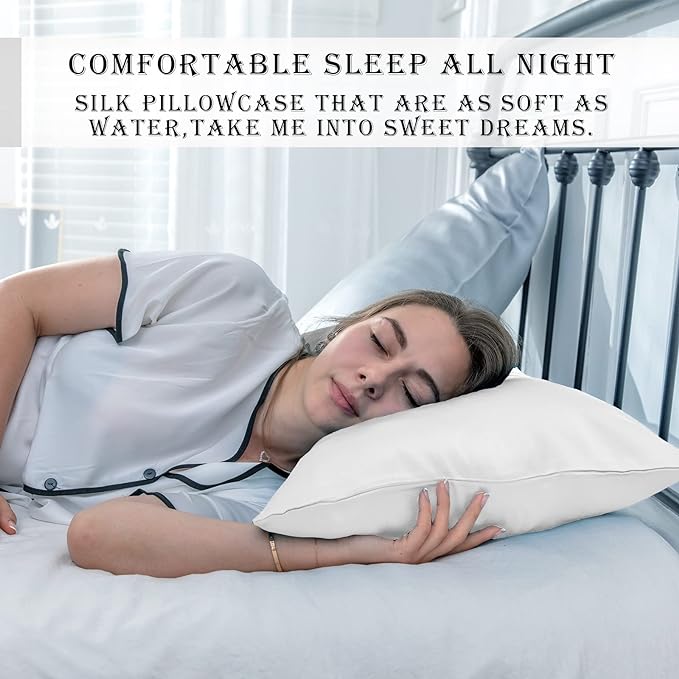 SUATIEN Mulberry Silk Pillow Cases Standard Size Silk Pillowcase for Hair and Skin with Zipper Soft Breathable Smooth Cooling Silk Pillow Case for Sleeping,Gifts for Women (White,20"X 26",1Pcs)