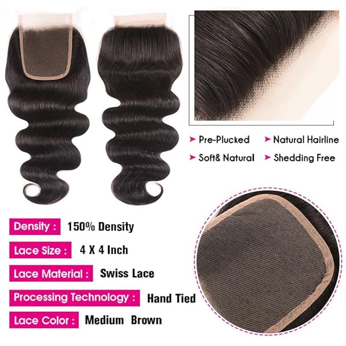 YISEA 12A Human Hair Body Wave Bundles with Closure (18 20 22+16) 100% Unprocessed Brazilian Body Wave Human Hair 3 Bundles with 4X4 Lace Closure Free Part Natural Color for Black Women