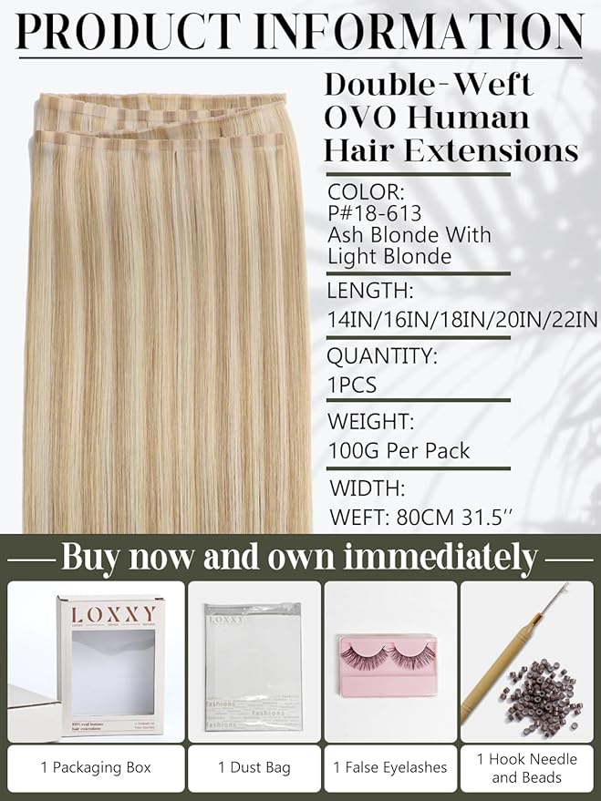 LOXXY Twin Tab Butterfly Genius Weft Human Hair Extensions - Double Invisible Real Remy Hair Beaded Extensions Weft - 14 Inch 100g Golden Blonde to Light Blonde, Twin Tabs Width 31.5"(80cm)