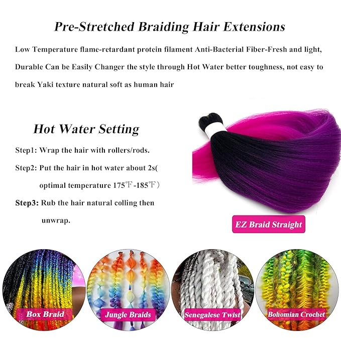Pre Stretched Braiding Hair Black Purple Pink Ombre Braiding Hair Pre Stretched Prestretched 24 inch 3 pack Kids Micro Synthetic Colored Hair Extensions for Braids Crochet Hair