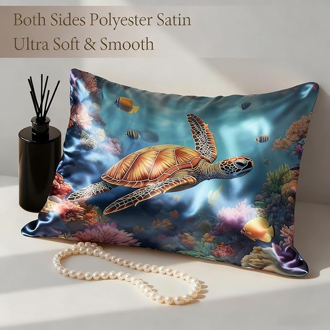 Sea Turtle Ocean Satin Pillowcase with Zipper for Hair and Skin Underwater Marine Plants 1 Pack Soft Silk Pillow Case Standard Size Wrinkle-Free Smooth and Cooling Satin Pillow Cover 20”x26”