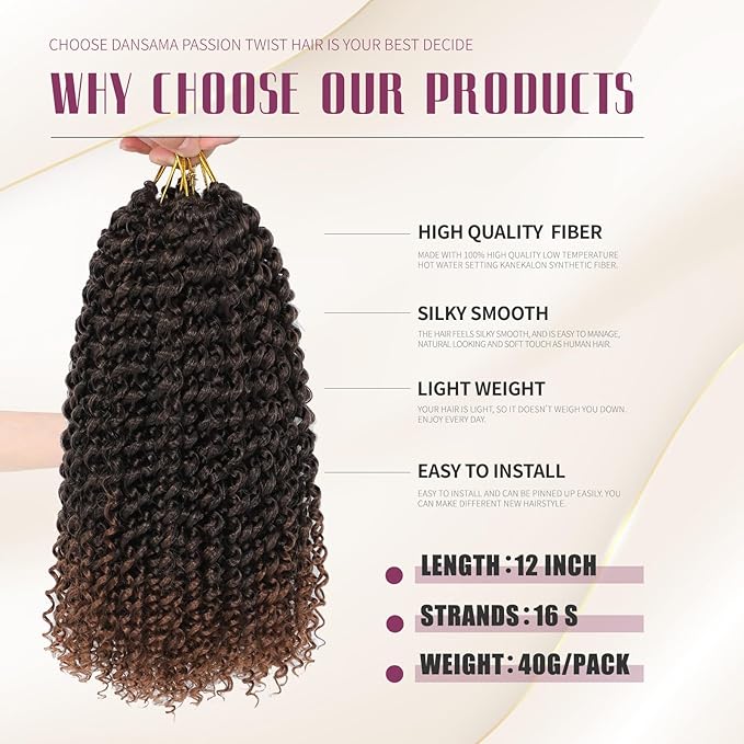 Dansama 6 Packs Passion Twist Hair Water Wave Braiding Hair for Butterfly Style Crochet Braids Bohemian Hair Extensions (12inch, T1B/30, Economy Pack)