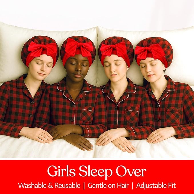 Buffalo Plaid Satin Sleep Bonnet, Double Layer Silky Red and Black Cap with Bow, Adjustable Hair Protection Headwear for Night