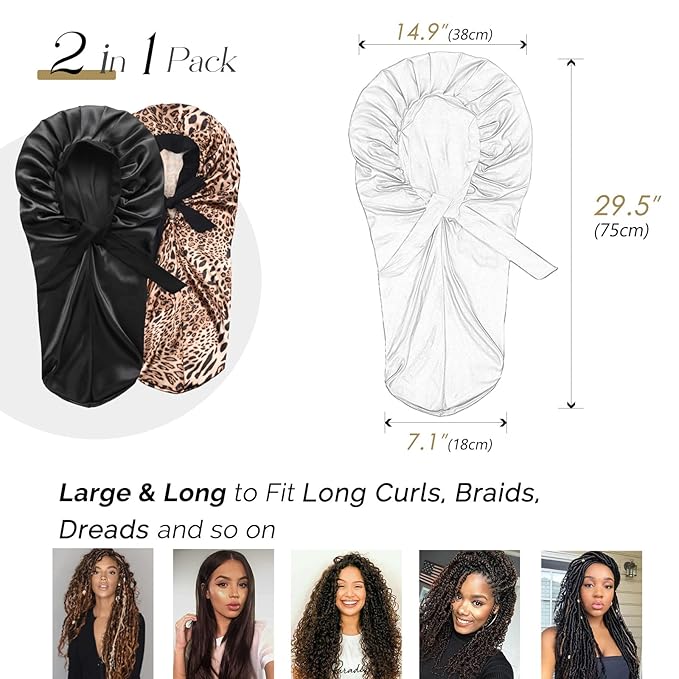 2 Pcs Hair Bonnets for Women Satin, Black Leopard Soft Elastic Band Long Satin Bonnet Sleeping Cap for Women Bonnet for Braids