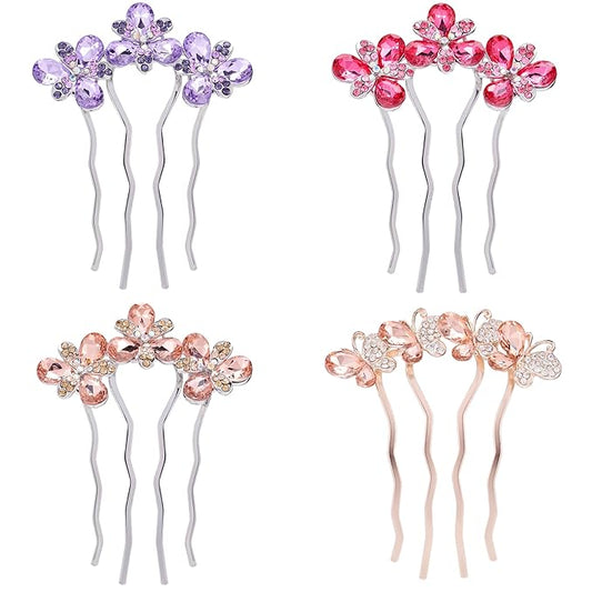 Sparkly Glitter Floral Hair Combs Bridal Wedding Hair Crystal Rhinestones Women Hair Side Combs Jeweled Metal Hairpins Butterfly Long Thick Hair Holder Accessories for Ladies (4 Pack)