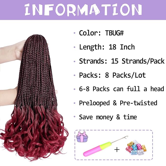 French Curl Crochet Braids 18 Inch 8 Packs Goddess Box Braids Crochet Hair for Women Pre Looped Crochet Box Braid with Curly Ends Synthetic French Curly Braiding Hair Extensions (8 Packs，1B/BUG)
