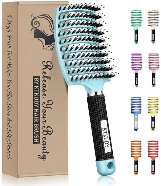 KTKUDY Detangling Brush Boar Bristles Hairbrush Make Hair Shiny & Healthier Curved and Vented Detangler Brush for Women Men Kids Wet and Dry Hair (light Blue)