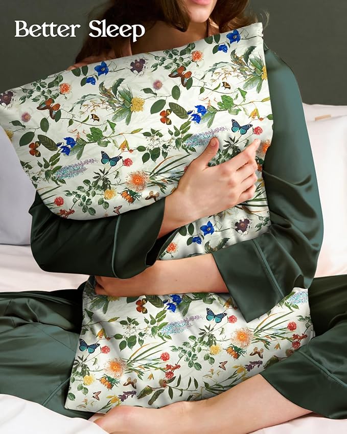 Silk Pillowcase 2 Pack - Cute Pillow Cases 20" x 26" Standard Size Set of 2 for Hair and Skin Smooth Soft Breathable with Hidden Zipper Cooling Pillow Covers for Sleeping, Butterfly Plant