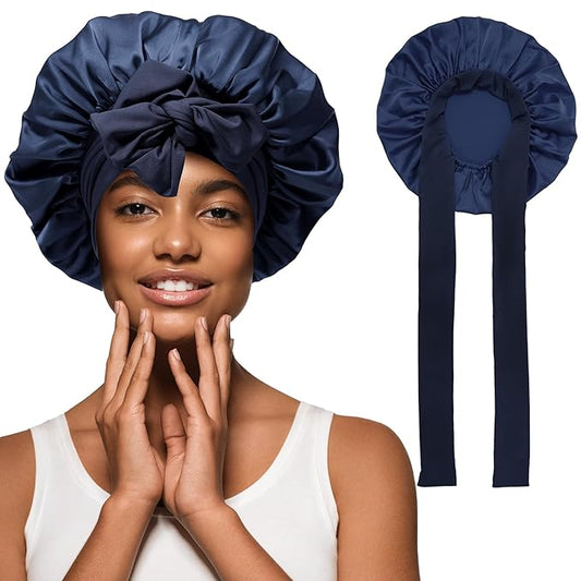 Satin Hair Bonnet Wide Band - Silk Like Sleeping Bonnets for Curly Hair Hair Wrap for Night Cap with Tie Band Breathable Satin Bonnet for Women and Girls (Navy)