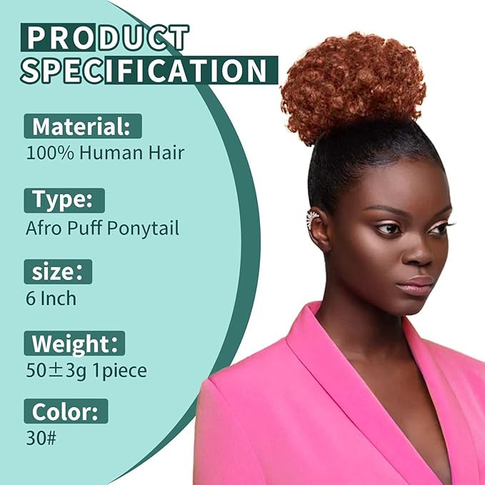 Afro Puff Clip On Human hair Drawstring Ponytail for Black Women,Ponytail Extension 6 Inch #30 Light Brown 50g Short Afro Kinkys Curly Afro Bun Extension Hairpiece
