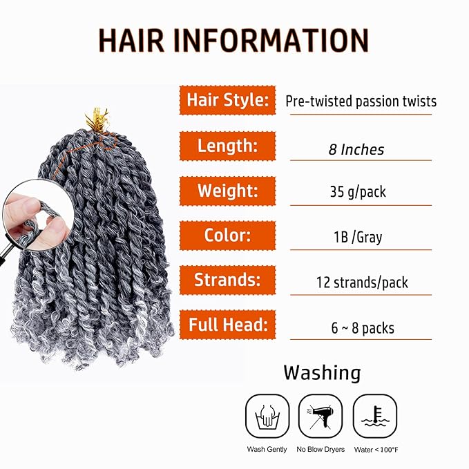 Short Passion Twist Hair 8 Inch Pre-twisted Passion Twist Crochet Hair for Women 8 packs Pre-looped Water Wave Crochet Braids Bohemian Curly Braiding Hair Synthetic Hair Extensions 1B/Gray