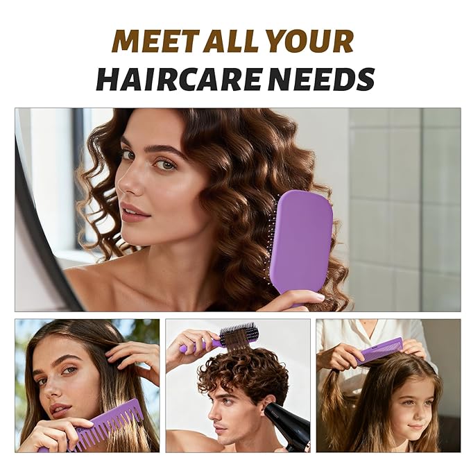 4Pcs Detangling Hair Brush Set for Women - Paddle Brush for Wet or Dry, No More Tangles for Straight, Long, Thick, Curly, and Natural Hair (Purple)