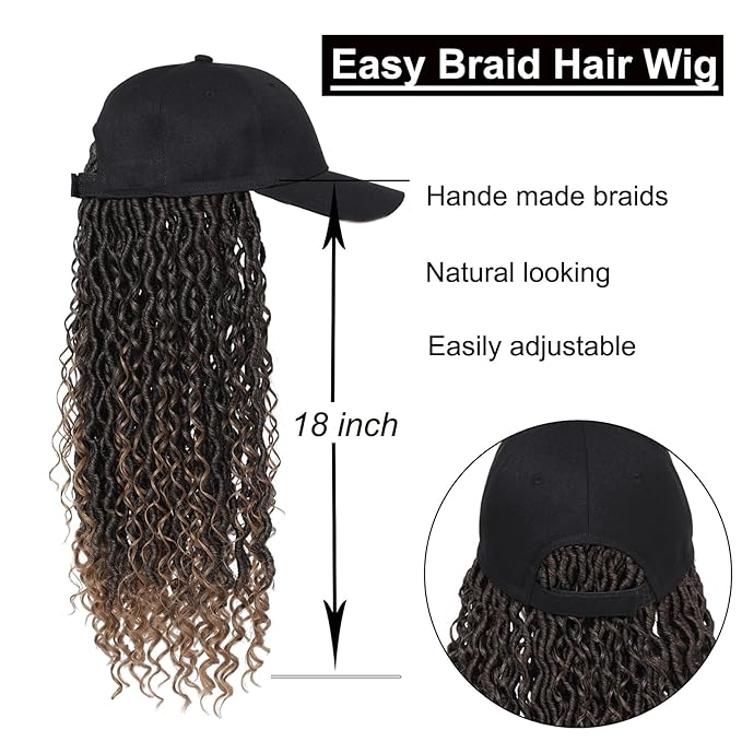 Braided Baseball Cap Wig Faux Locs Hair Extensions with Hat Ombre Light Brown Cap Wig with 18inch Long Synthetic Braiding Hair Attached for Women (18inch T/brown)