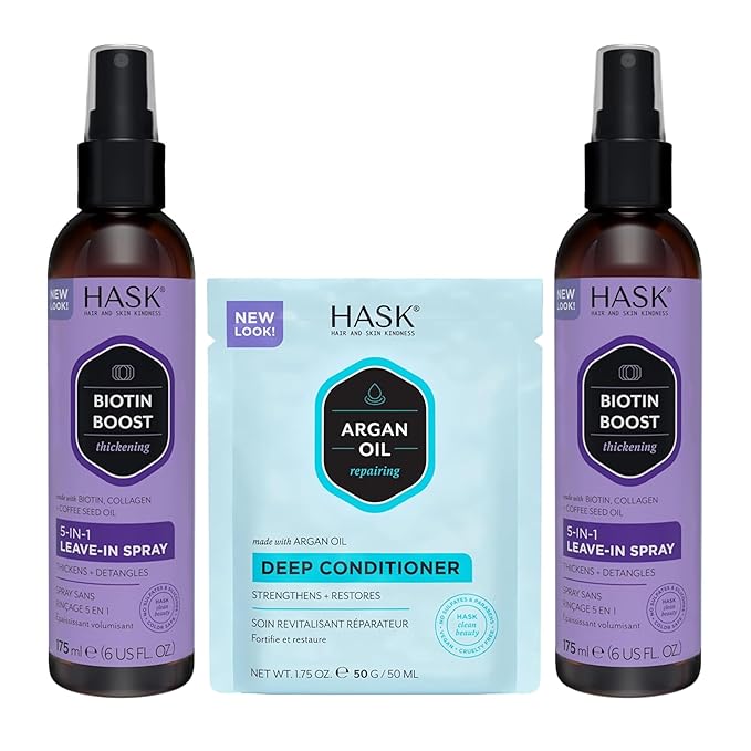 HASK Biotin Thicken 5-in-1 Leave-In Conditioner Duo (6oz-Qty 2) & Argan Oil Deep Conditioner Packette, Color Safe, Sulfate-Free, Paraben-Free, Gluten-Free, for All Hair Types