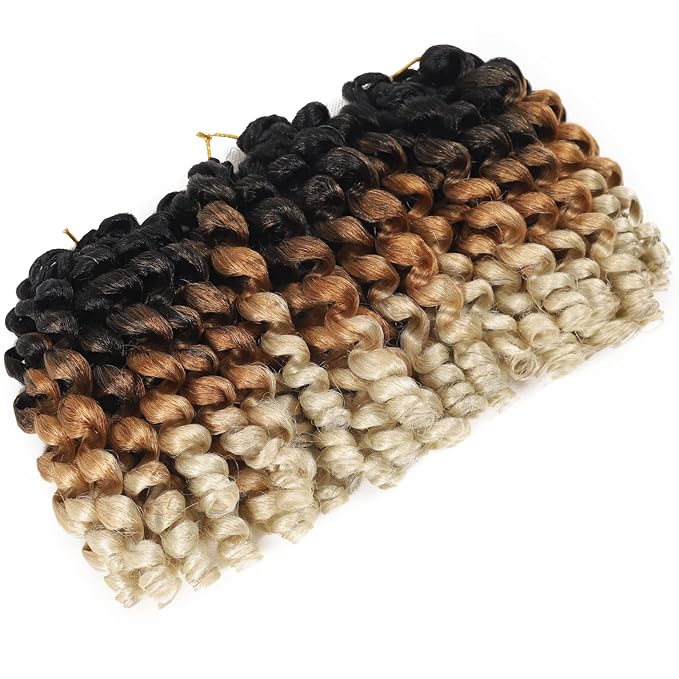 Jamaican Bounce Crochet Hair Extensions 8 inch Ringlet Wand Curl Crochet Hair 3 Tone Blonde Ombre Curly Crochet Braids Grey Crochet Braiding Hair 60 Roots