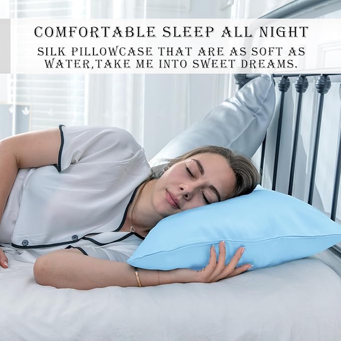 SUATIEN Mulberry Silk Pillow Cases King Size Silk Pillowcase for Hair and Skin with Zipper Soft Breathable Smooth Cooling Silk Pillow Case for Sleeping,Gifts for Women (Sky Blue,20"X 36",1Pcs)