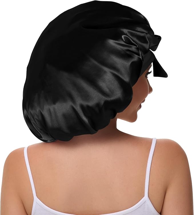 Double Layer Silk Bonnet with Tie Satin Lined Sleep Cap Hair Cover for Women's Curly Natural Hair
