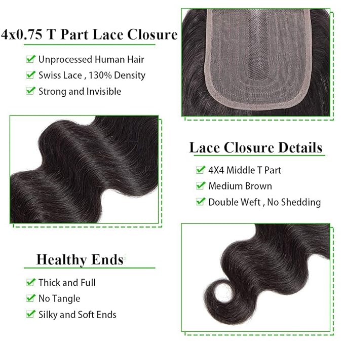 Amella Hair Brazilian Virgin Remy Body Wave Bundles with T Part Closure 4x0.75 Middle Part(20 22 24+16) 8A Body Wave Human Hair 3 Bundles with Closure T-Part Lace Closure Human Hair for Black Women