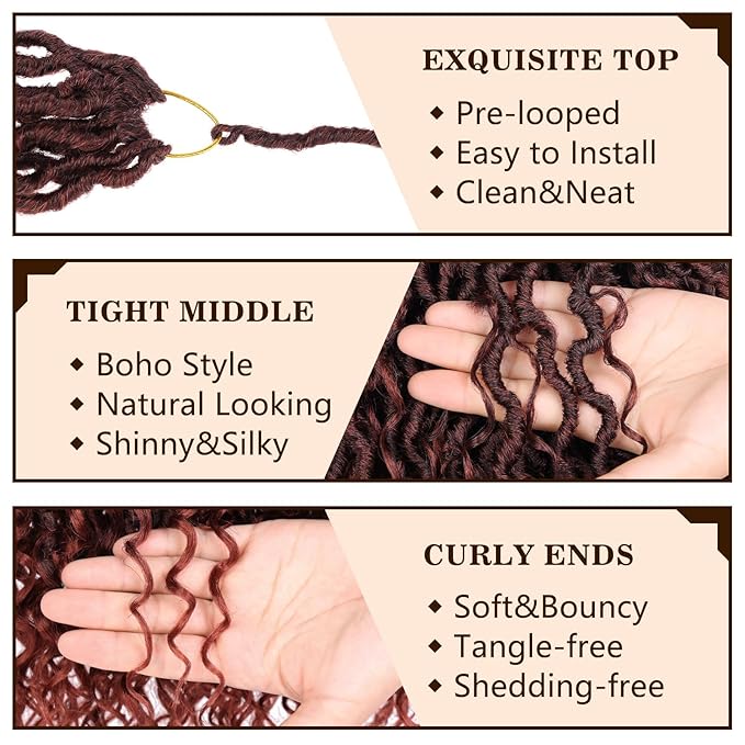 COOKOO Ombre Ginger Goddess Locs 14 Inch 8 Packs Bohemian Faux Crochet Hair for Kids Pre-Looped River Locs With Curly Ends Soft T350#