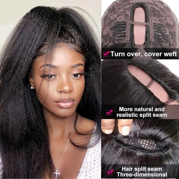 Julia Hair U Part Human Hair Wigs for Women 12A Kinky Straight Braizlian Human Hair Glueless Upart Wig No Glue No Sew in Beginner Friendly 180% Density No Lace Yaki Hair Wig 26 Inch
