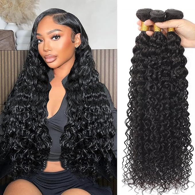 Water Wave Human Hair Bundles 100% Unprocessed Brazilian Virgin Hair(24 26 28 Inch)12A Grade Water Curly Human Hair Bundles Hair Weft for Black Women Natural Color