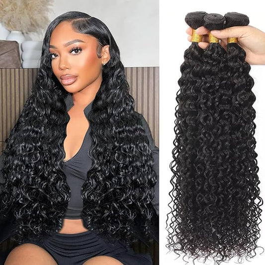 Water Wave Human Hair Bundles 100% Unprocessed Brazilian Virgin Hair(24 26 28 Inch)12A Grade Water Curly Human Hair Bundles Hair Weft for Black Women Natural Color