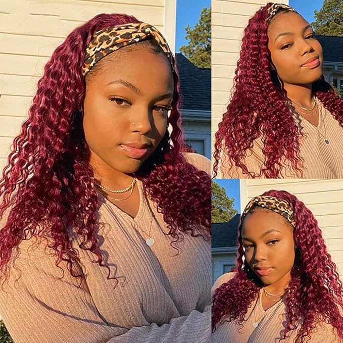 Eooma Headband Wig Curly Human Hair Wigs for Black Women 10A 180% Density Brazilian Kinky Curly #99J Burgundy Human Hair Headband Wigs Scarf No Gel Gluelees 22 Inch Remy Hair