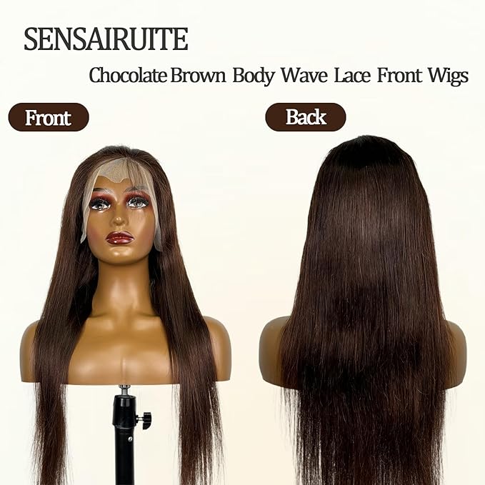 SENSAIRUITE Chocolate Brown Straight Lace Front Wigs Human Hair 13x4 180% Density #4 HD Transparent Glueless Lace Frontal Wigs Pre Plucked with Baby Hair 28 Inch