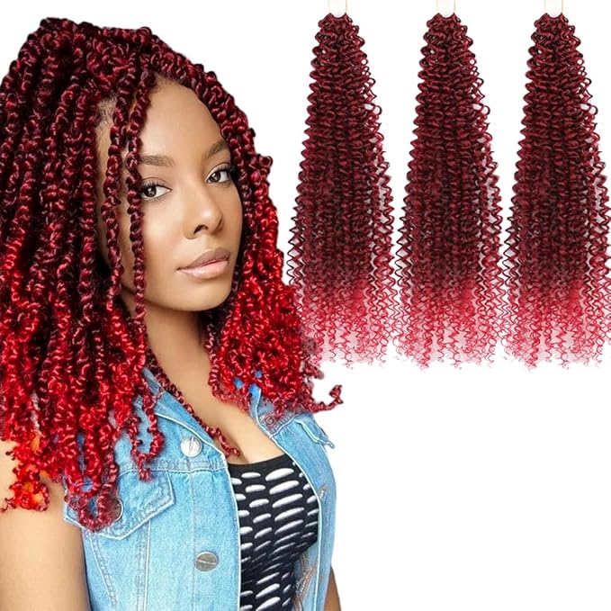Passion Twist Hair Extensions Black to Red Curly Crochet Hair 12 Inch Short Curly Braiding Hair 3 Packs Ombre Crochet Braids with Curls for Black Women(12",1B Red)