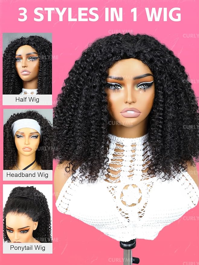 Curlyme Kinky Curly Half Wig Human Hair 3 In 1 Seamless Flip Over Half Wigs Human Hair Glueless Wear and Go Invisible Hairline Kinky Curly Wig Drawstring Headband Wig for Women 20 Inch
