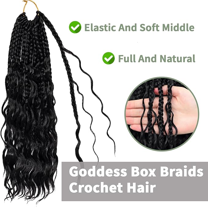 Goddess Box Braids Crochet Hair 24 Inch 7 Packs Boho Crochet Braids Pre Looped Bohemian Gypsy Braids Crochet Hair for Women Braiding Hair Extensions, 1B