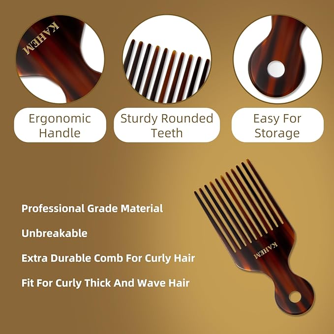 KAHEM Wide Tooth Pick Comb for Long, Thick, Curly Hair - 6.89 Inch Detangling and Lifting Comb for Women and Men's Hair Styling