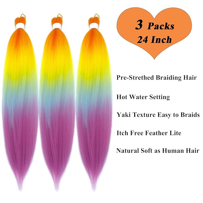 Colorful Rainbow Ombre Braiding Hair Pre Stretched Kanekalo Braiding Hair Extensions for Braiding Box Braids Micro Crochet Long Jumbo Knotless Kids Prestressed Braiding Hair Ombre 24 inch
