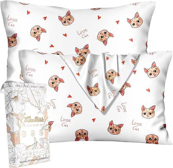 Silk Pillowcase 2 Pack - Cute Pillow Cases 20" x 26" Standard Size Set of 2 for Hair and Skin Smooth Soft Breathable with Hidden Zipper Cooling Pillow Covers for Sleeping, Love Cat