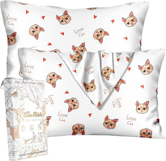 Silk Pillowcase 2 Pack - Cute Pillow Cases 20" x 26" Standard Size Set of 2 for Hair and Skin Smooth Soft Breathable with Hidden Zipper Cooling Pillow Covers for Sleeping, Love Cat