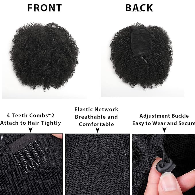 Afro Puff kinky curly Drawstring Ponytail Extension for Black Women Synthetic Short Afro Kinkys Curly Afro Bun Extension Hairpieces Updo Hair Extensions with Two Clips(1#)