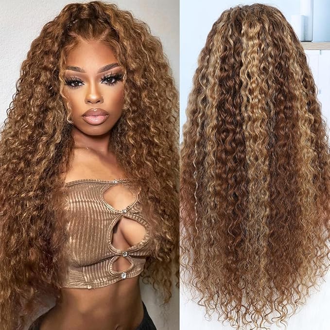 MEGOOD 13x6 Highlight Ombre Lace Front Wig Human Hair 220% Density13x6 HD Honey Blonde 4/27 Curly Wig Human Hair Pre Plucked Deep Wave Lace Front Wigs Human Hair Colored Wigs 22Inch