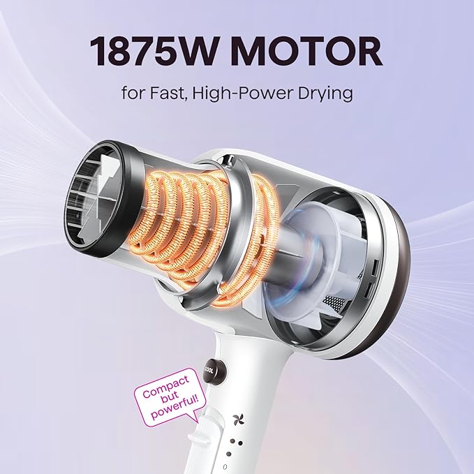 Wavytalk Hair Dryer, Blown Away Ionic Hair Dryer for Curly Hair with Diffuser, 1875W Fast Drying Blow Dryer with Ceramic Technology, 3 Attachments for All Hair Types, Light and Quiet, White