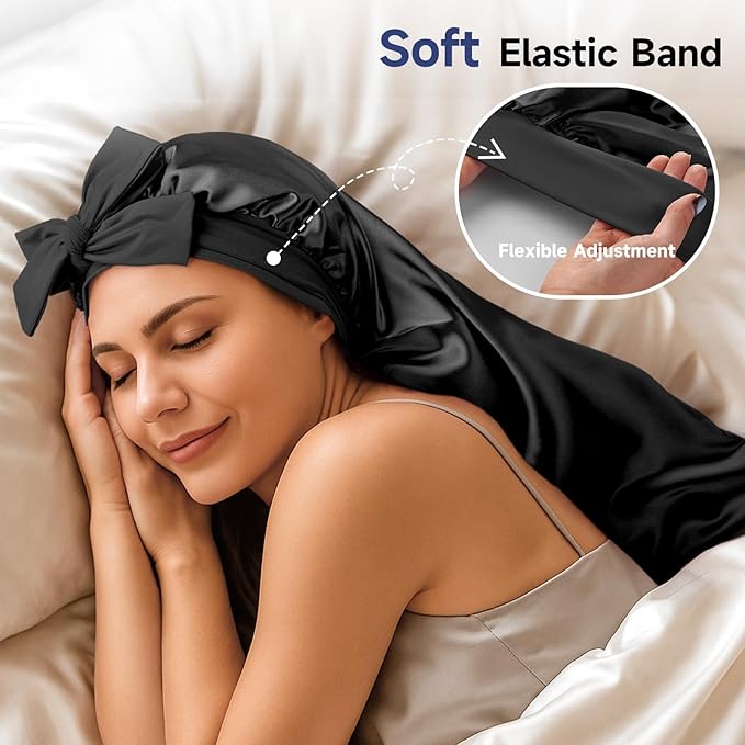 Umisleep Silk Bonnet for Sleeping Women, 22 Momme Mulberry Real Silk, Long Hair Bonnet for Braids & Curls to Reduce Frizz, Double Layer Hair Wrap with Soft Adjustable Tie Band, Black