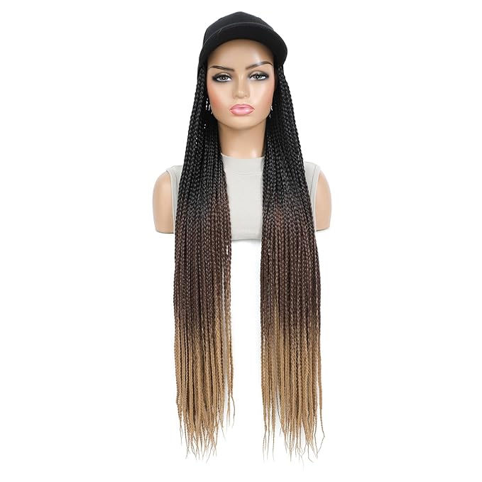 Hat Wig for Women Baseball Cap with Braided Hair Attached 30inch long Synthetic Ombre Box Braid Wig Hat Adjustable Cap with black brown light brown Braids for Daily Outdoor Use