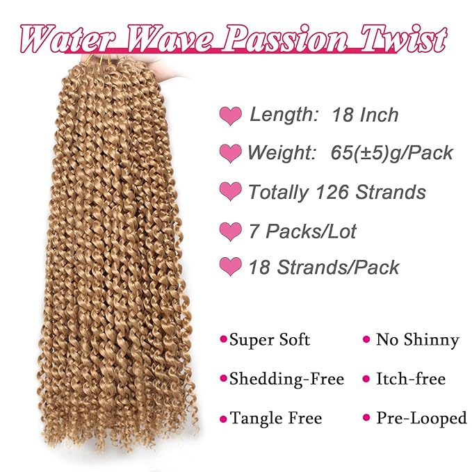 Leeven 18 Inch Long Passion Twist Crochet Hair 7 Pcs Synthetic Water Wave Crochet Braids Hair For Butterfly Locs 126 Roots Crochet Passion Twist Braiding Hair for Women