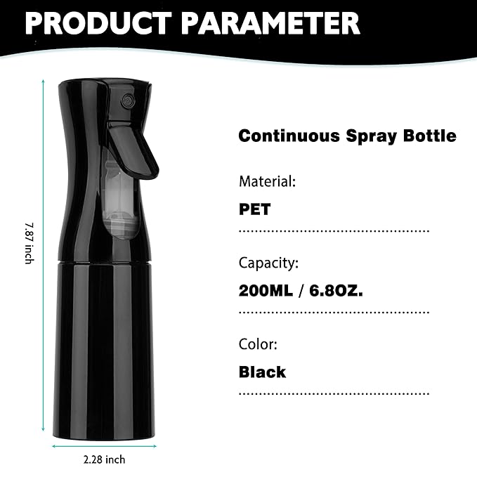 Spray Bottle for Hair (6.8OZ /200ML) Continuous Ultra Fine Mist Sprayer for Hair, Salons, Barber, Plants, Skin Care, Cleaning 2 Pack Black