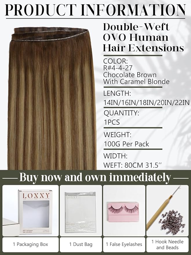 LOXXY OVO Hair Extensions Real Human Hair - 14 Inch 100g Seamless Balayage Chocolate Brown to Caramel Blonde - Bead in Butterfly Weft for White Women, Weft Width 31.5"(80cm)