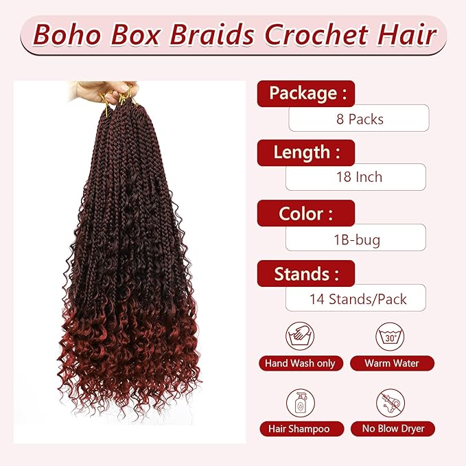 FIRSTCYH HAIR 8 Packs 18 Inch Boho Box Braids Crochet Braids Hair Synthetic Braiding Hair Goddess Box Braids Crochet Hair for Black Women (18(8Packs), 1B/Bug)