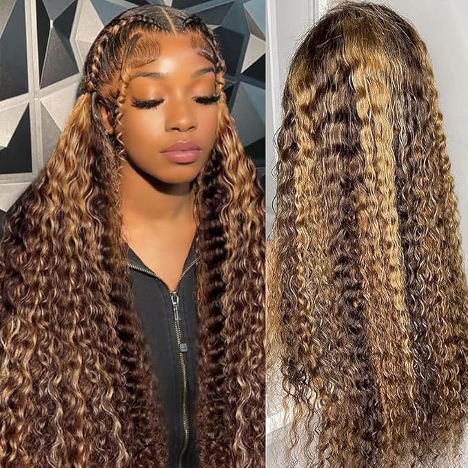 26 Inch Highlight Ombre Deep Curly Honey Blonde HD Lace Front Wigs Human Hair Pre Plucked Deep Wave Frontal Wig 13x6 HD Transparent Lace Front Wigs 4/27 Glueless Wigs 180% Density