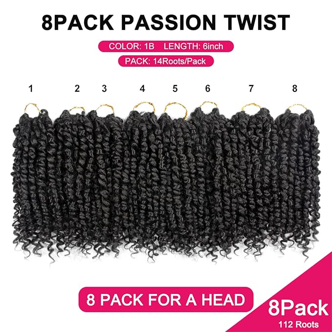 Passion Twist Hair - 8 Packs 6 Inch Passion Twist Crochet Hair For Black Women, Crochet Pretwisted Curly Hair Passion Twists Synthetic Braiding Hair Extensions(6 Inch 8 Packs, 1B)